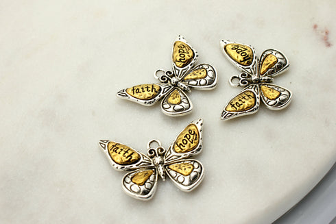 Faith & Hope Antique Gold Butterfly Pendants Silver Gold Butterfly Pendant Faith Charm Hope Charm 31mm x 22mm, sold as 1 piece.